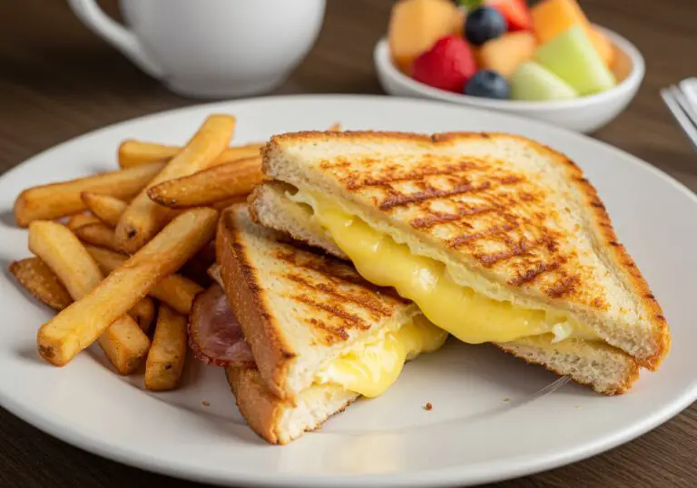 Final presentation of a breakfast grilled cheese sandwich, showcasing melted cheese and served with fries and fruit, making it an irresistible breakfast option.