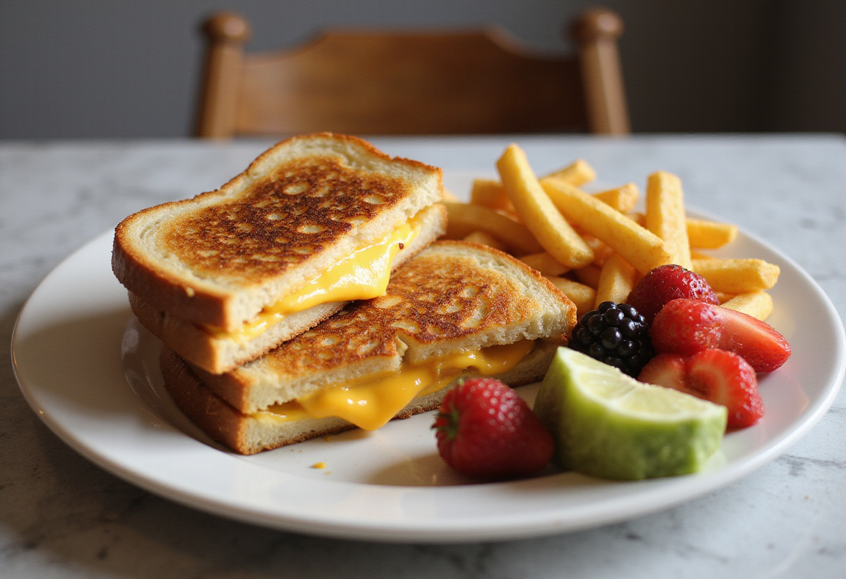 Final presentation of a breakfast grilled cheese sandwich, showcasing melted cheese and served with fries and fruit, making it an irresistible breakfast option.