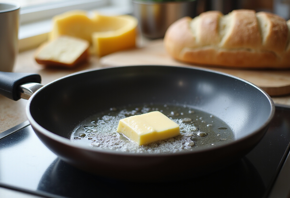 Melting butter in a frying pan for breakfast grilled cheese preparation, highlighting the process of making a delicious breakfast.