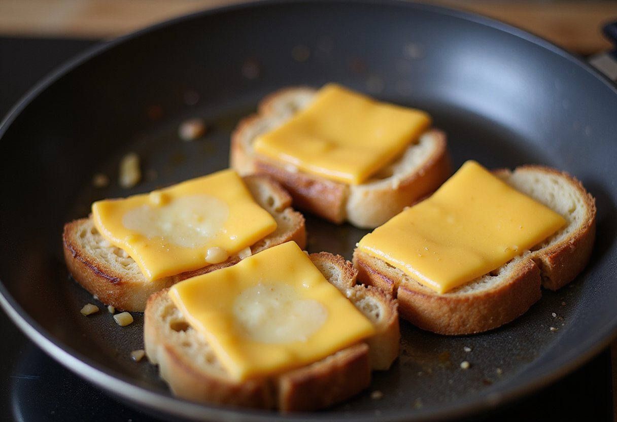 Sizzling bread and melting cheese in a frying pan, capturing the essence of preparing a tasty breakfast grilled cheese sandwich.
