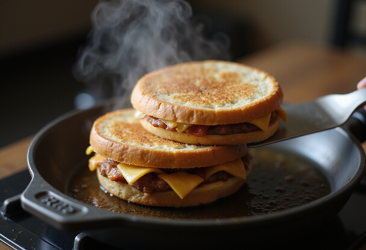 Flipping a grilled cheese sandwich in the pan, highlighting the melting cheese and crispy bread, essential for a perfect breakfast.