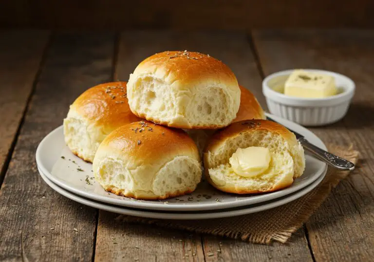 Freshly baked breakfast rolls on a rustic wooden table, served with butter, showcasing a delightful and appetizing breakfast treat.