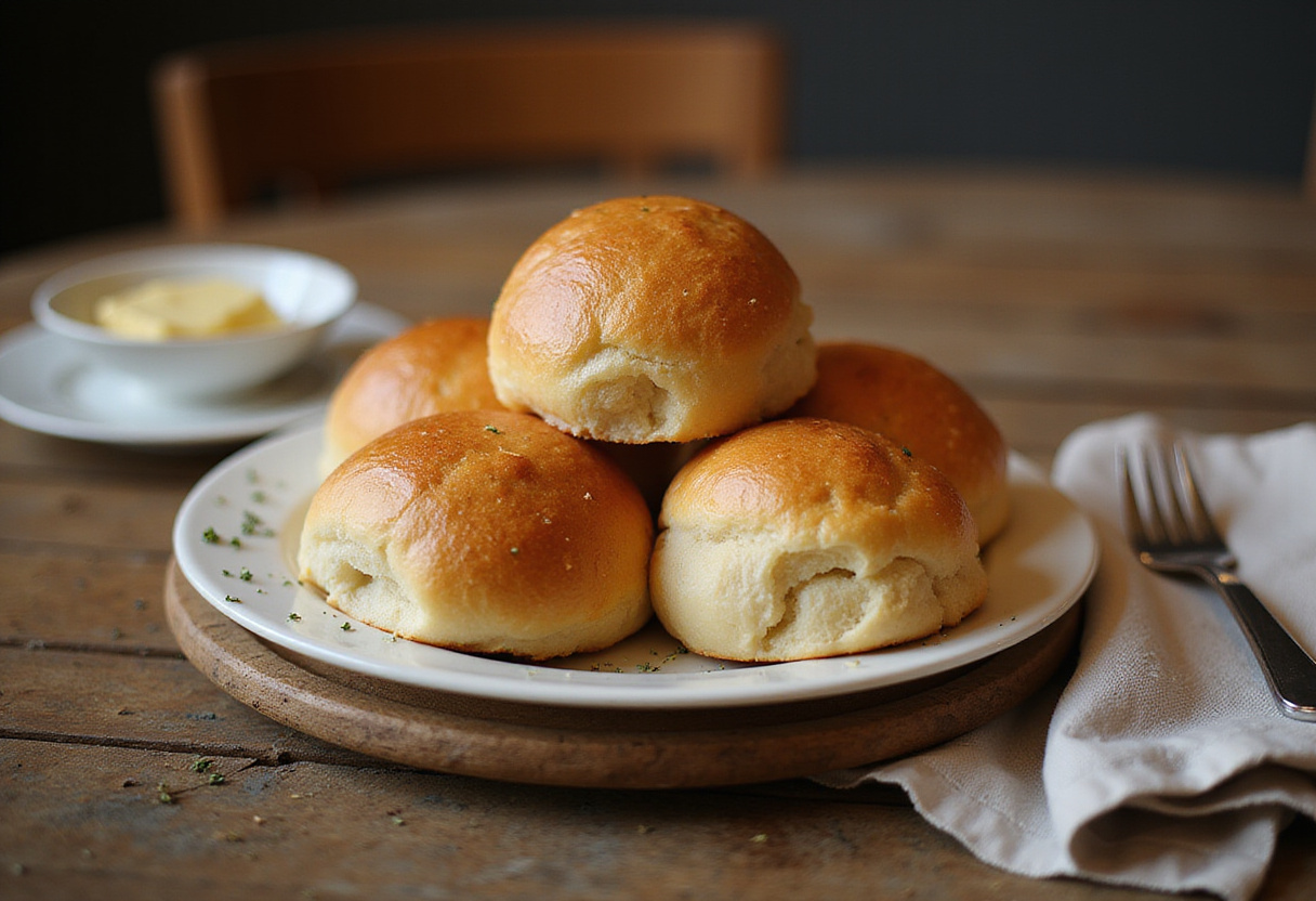 Freshly baked breakfast rolls on a rustic wooden table, served with butter, showcasing a delightful and appetizing breakfast treat.