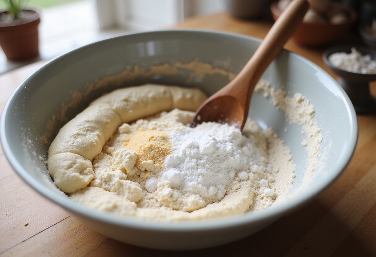 Mixing ingredients for breakfast rolls with flour, sugar, yeast, and warm water in a cozy kitchen, highlighting the dough preparation process.