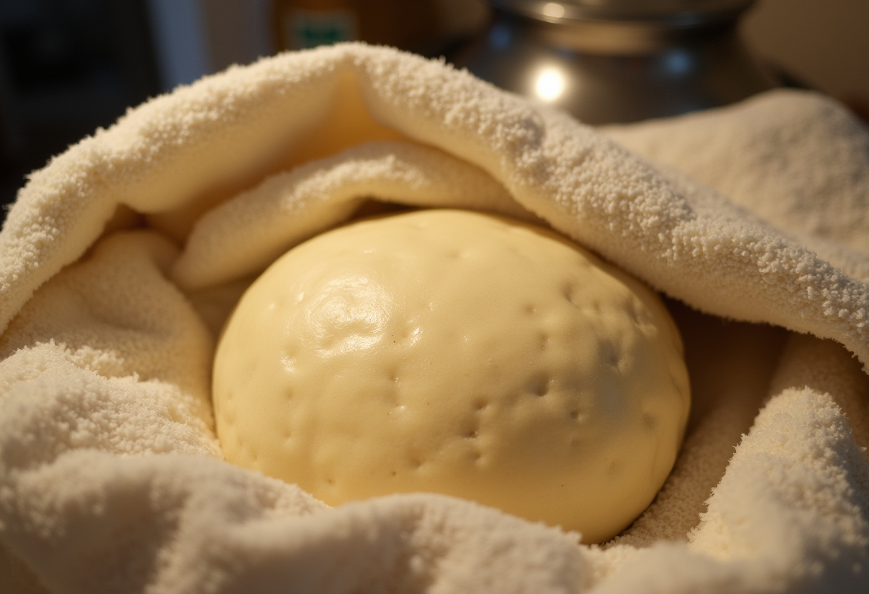 Dough rising for breakfast rolls in a warm kitchen environment, showing the fluffy texture as it doubles in size under a towel.