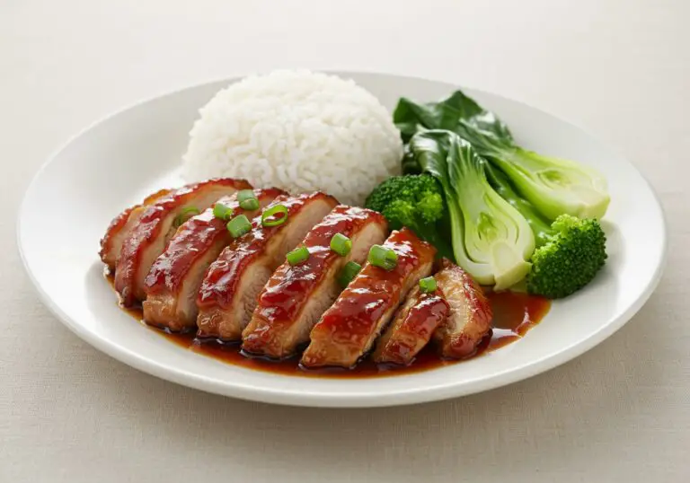 Deliciously glazed Char Siu Chicken served on a plate with rice and vegetables, showcasing a mouthwatering meal.