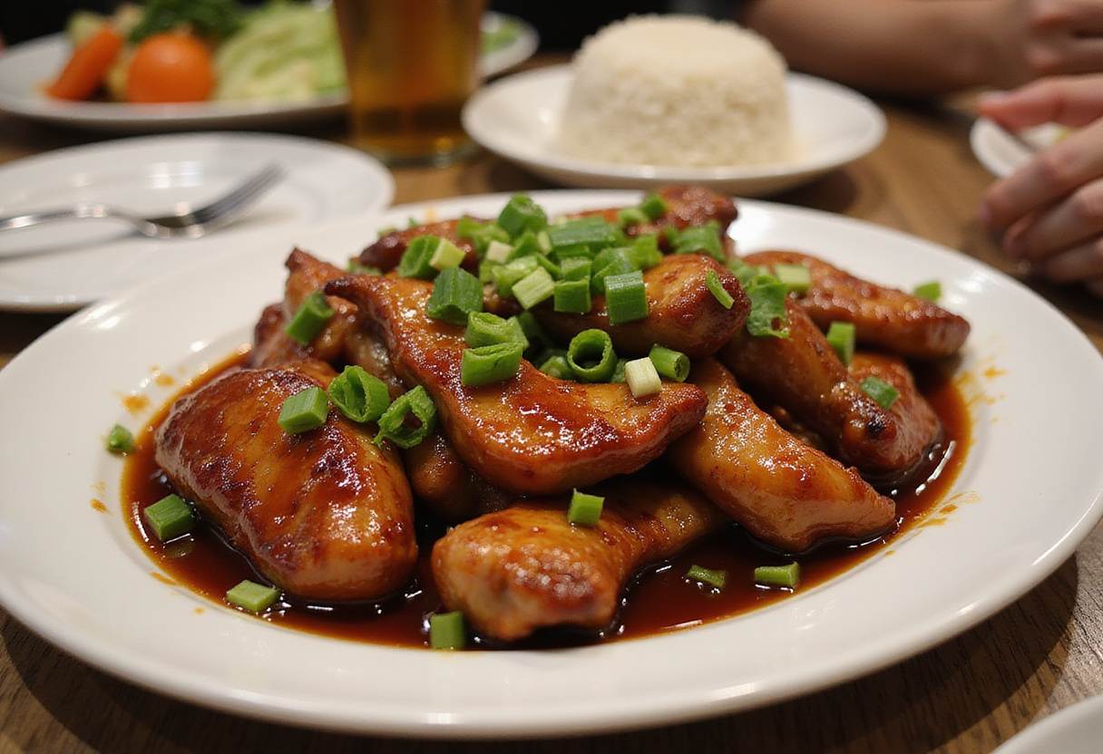 Deliciously glazed Char Siu Chicken served on a plate with rice and vegetables, showcasing a mouthwatering meal.