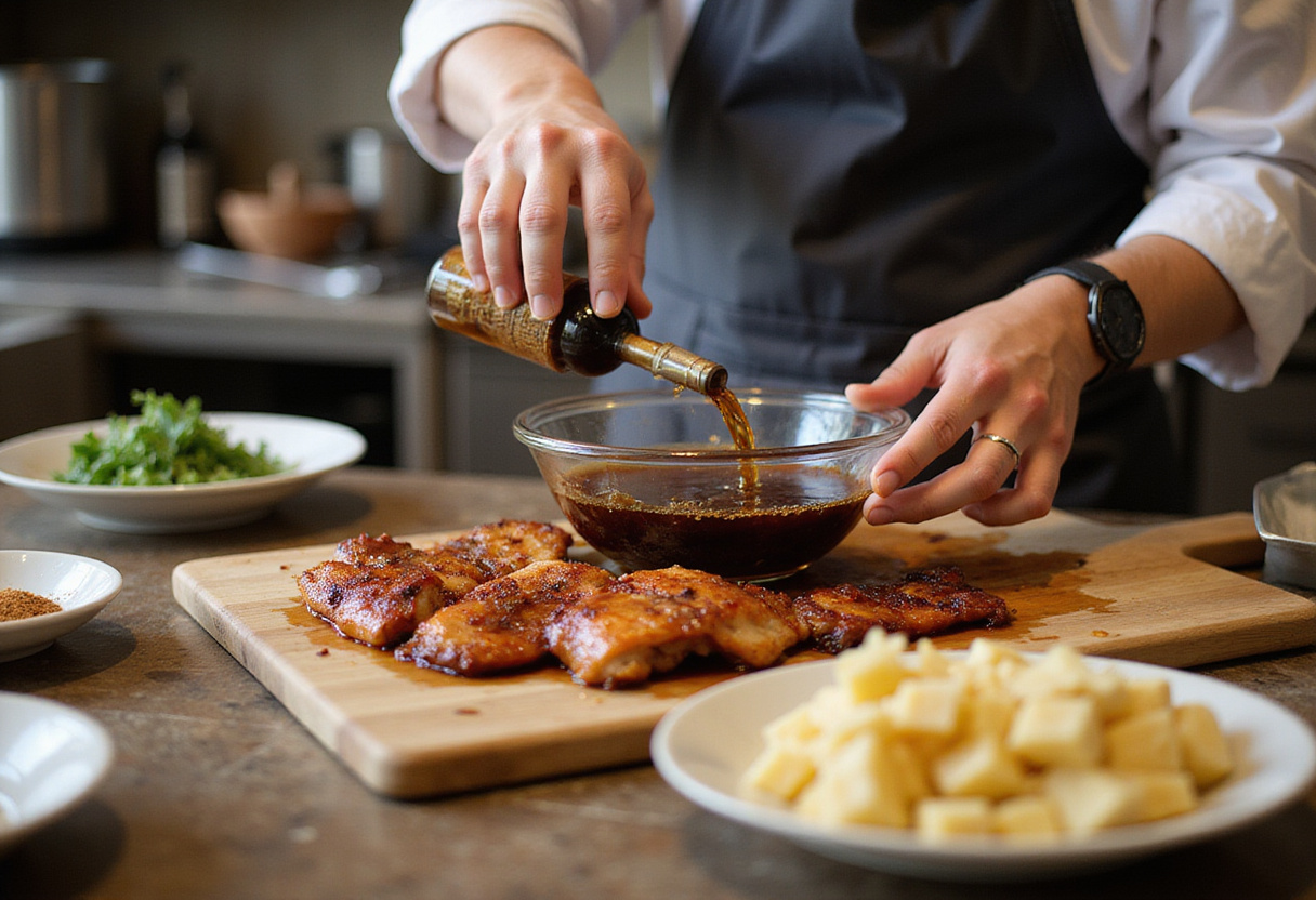 Char Siu Chicken marinade preparation with soy sauce, honey, and five-spice powder in a home kitchen.