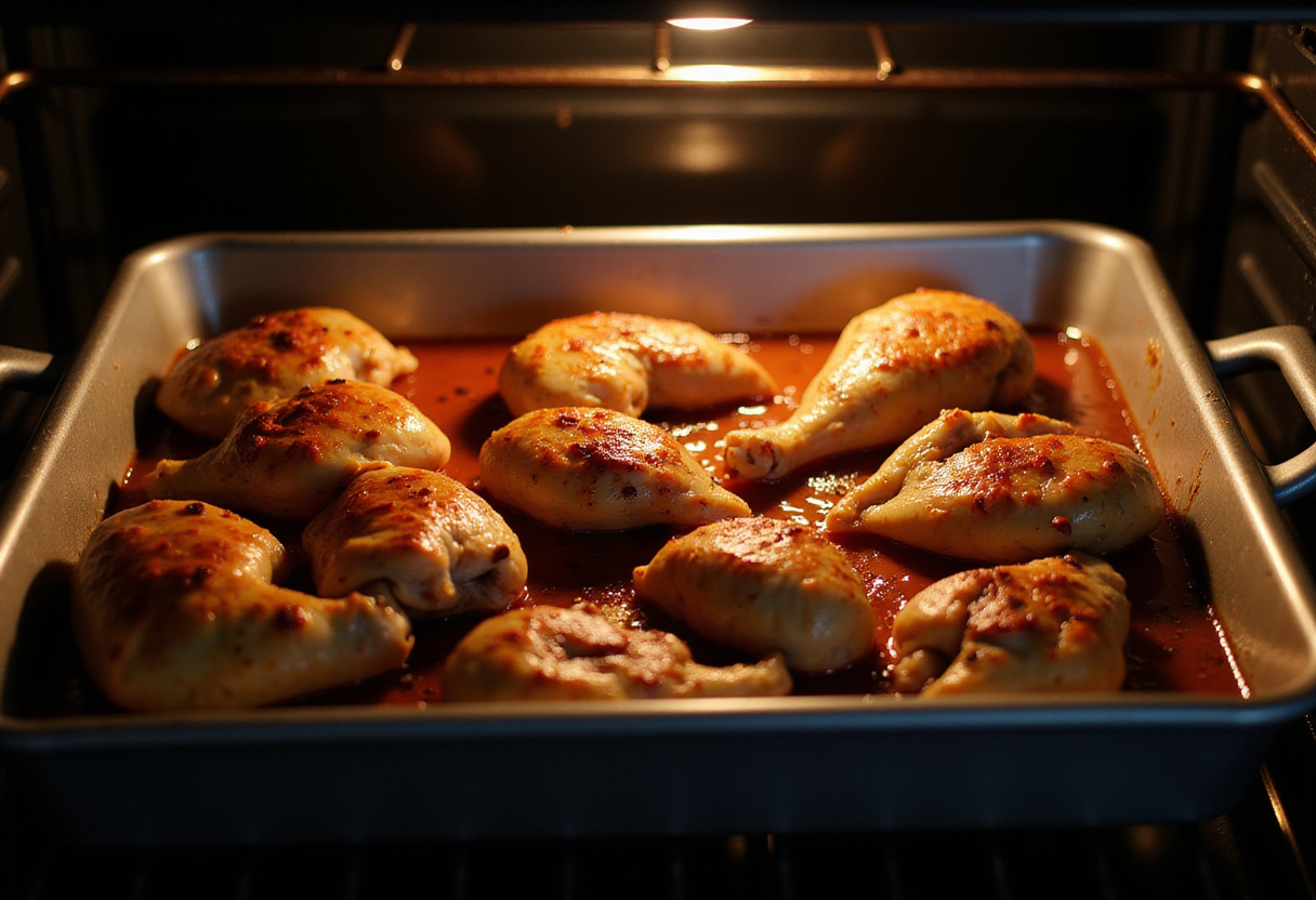 Marinated Char Siu Chicken cooking in the oven, capturing the delicious golden color of the meat.