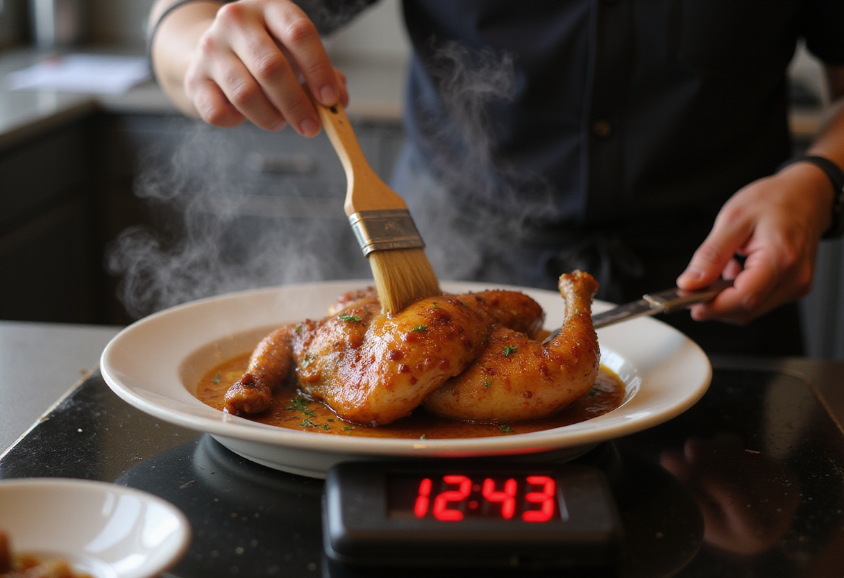 Glazing Char Siu Chicken with marinade for extra flavor in the kitchen.