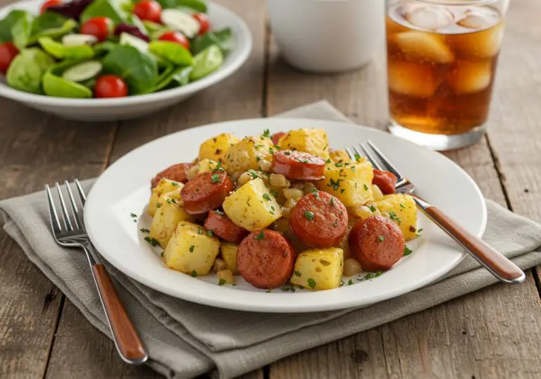 Serving of Cheesy Ranch Potatoes and Smoked Sausage on a wooden table, showcasing the delicious flavor and texture of this comforting dish.