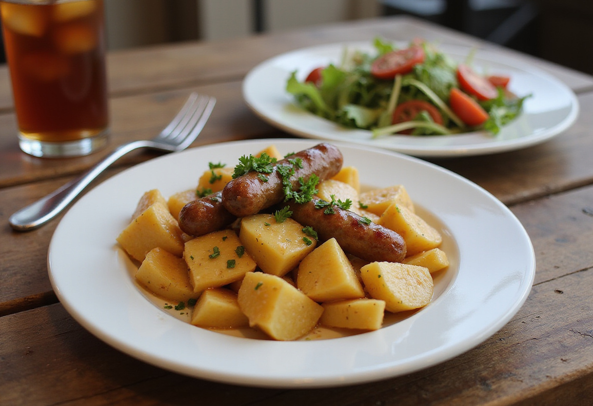 Serving of Cheesy Ranch Potatoes and Smoked Sausage on a wooden table, showcasing the delicious flavor and texture of this comforting dish.