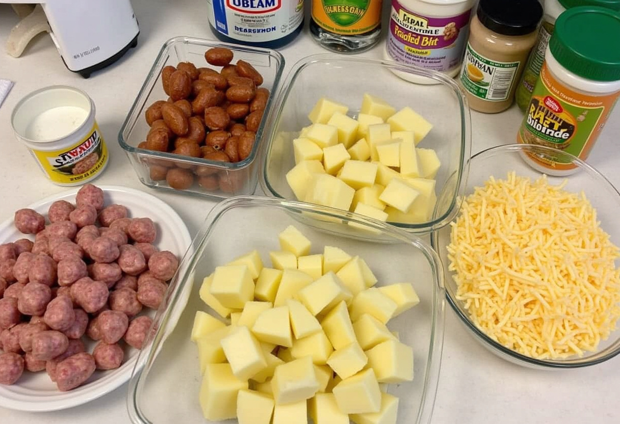 Making Cheesy Ranch Potatoes with diced potatoes, ranch seasoning, and cheese in a bowl on the kitchen countertop.