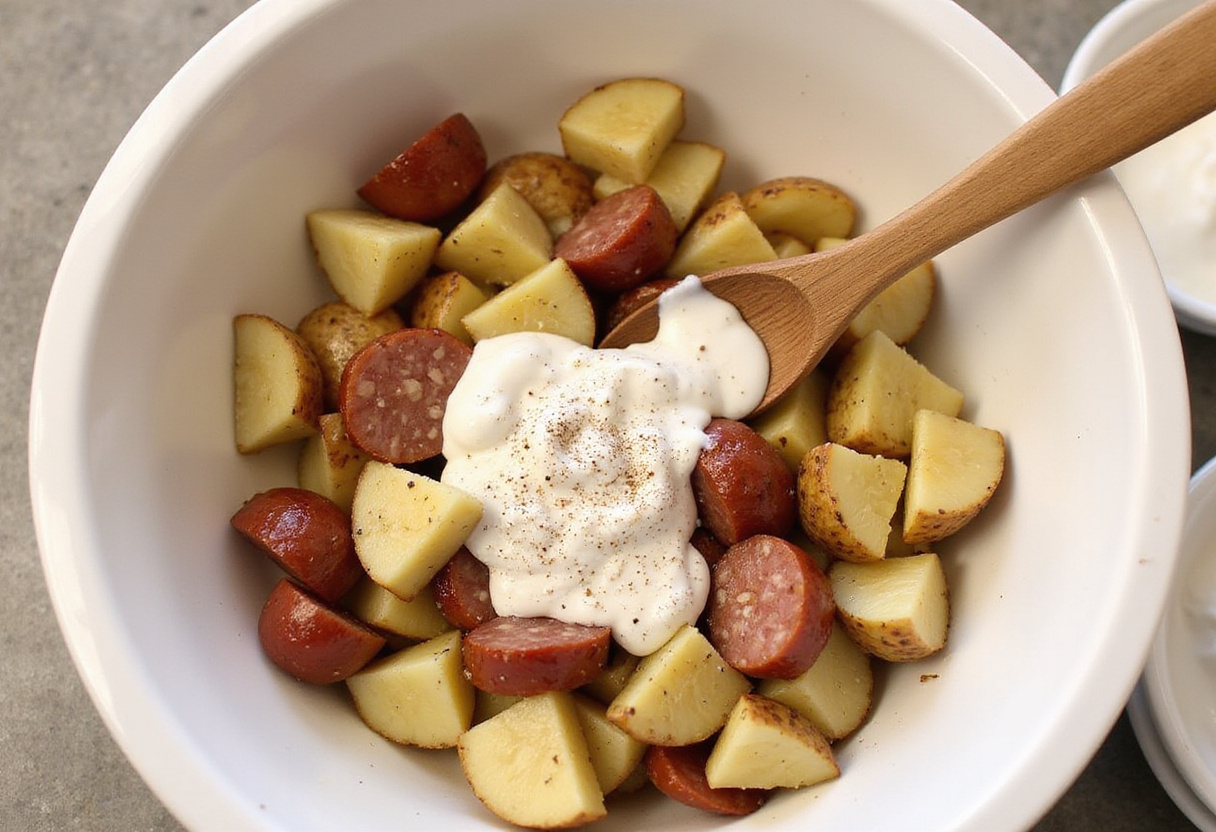 Cooking smoked sausage slices in a skillet, creating a savory base for Cheesy Ranch Potatoes in a lively kitchen scene.