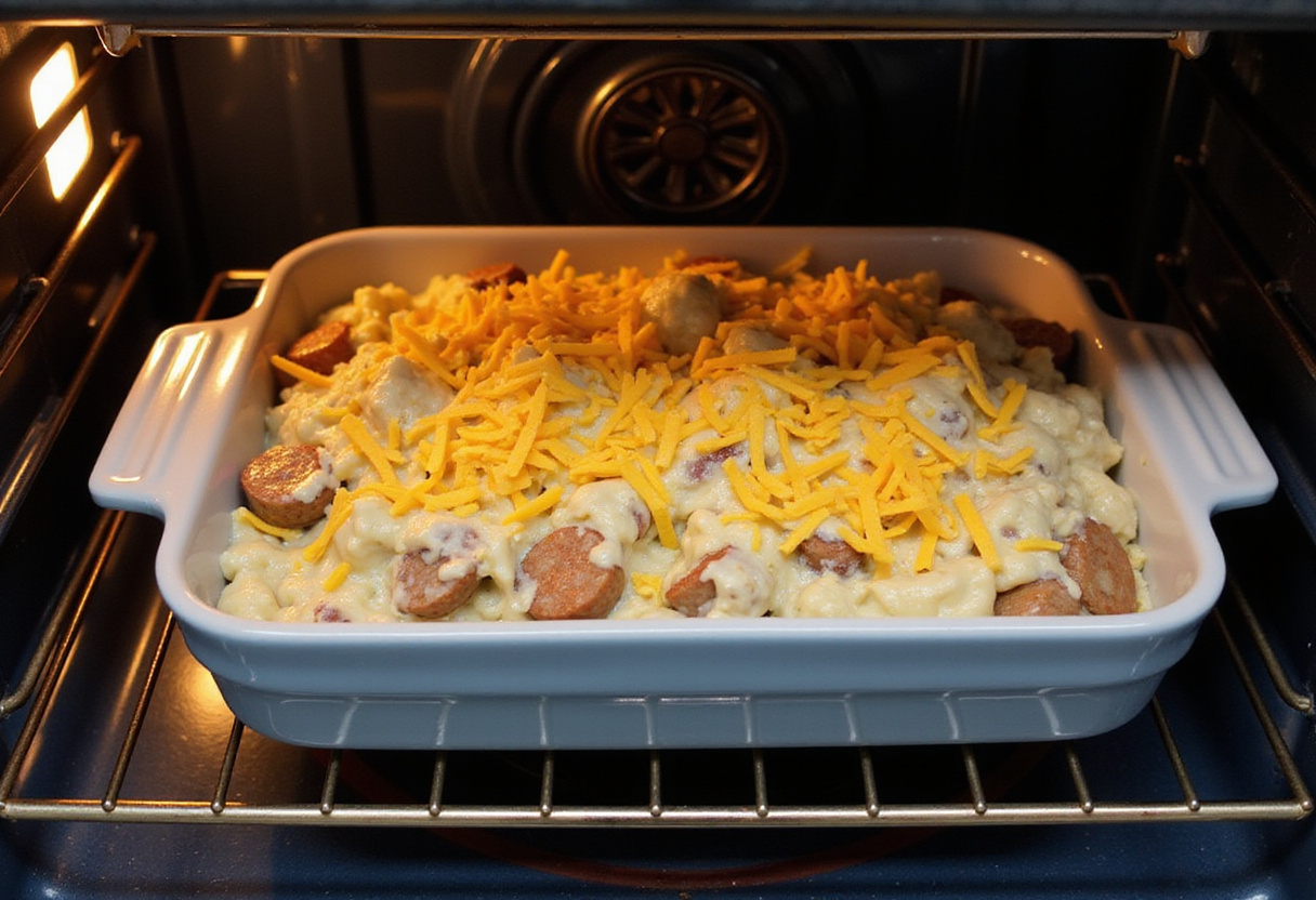 Preparing Cheesy Ranch Potatoes and Smoked Sausage for baking, with a mixing bowl and fresh ingredients nearby in a warm kitchen atmosphere.