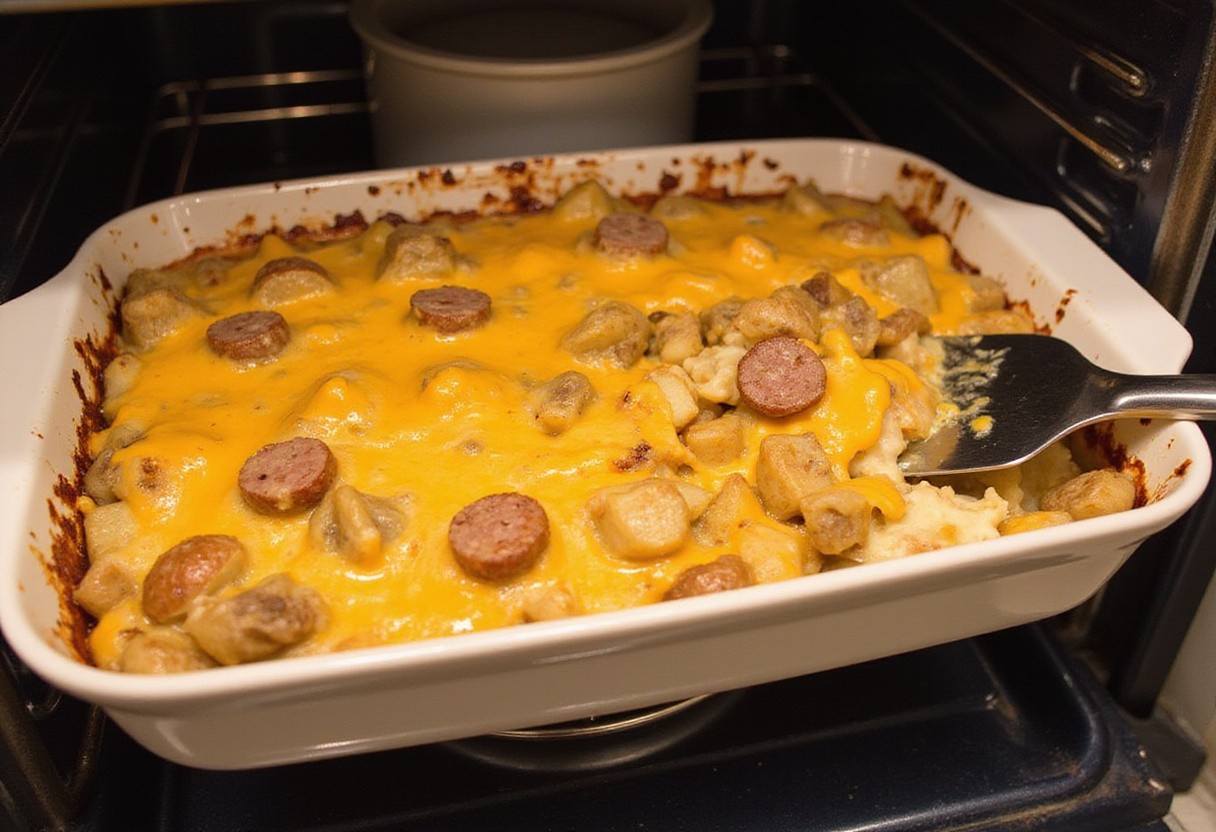 Baked Cheesy Ranch Potatoes and Smoked Sausage with golden cheese and herbs, highlighting a delicious and hearty dish in a kitchen setting.