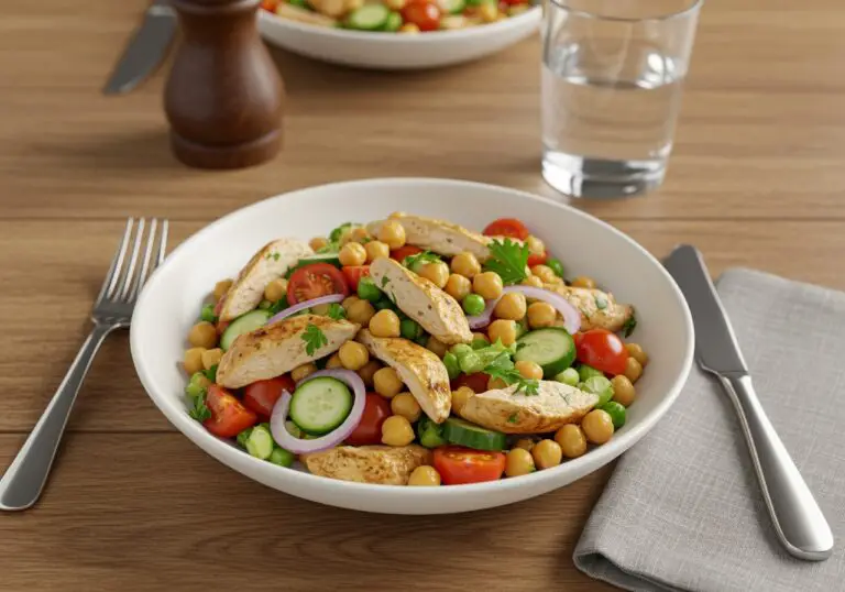final presentation of Chicken & Chickpea Salad, colorful and garnished with herbs, in a rustic dining setting.