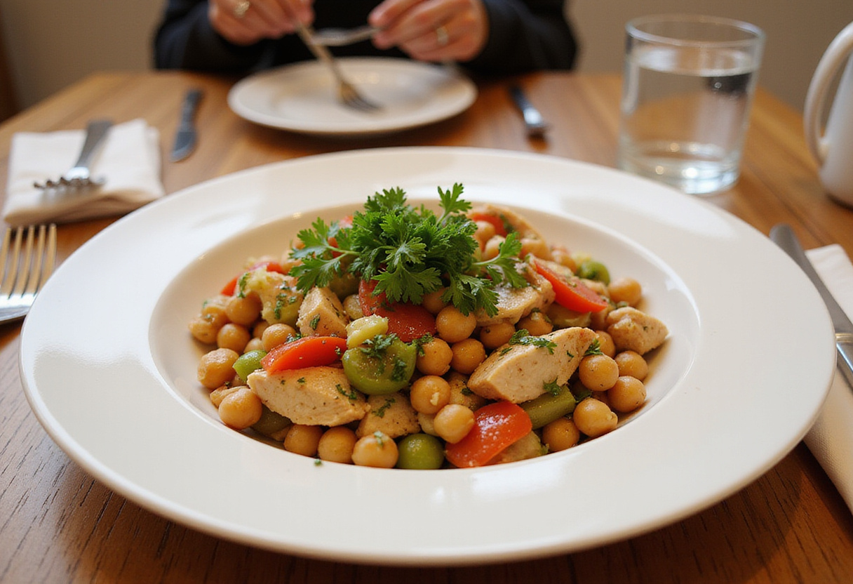 final presentation of Chicken & Chickpea Salad, colorful and garnished with herbs, in a rustic dining setting.