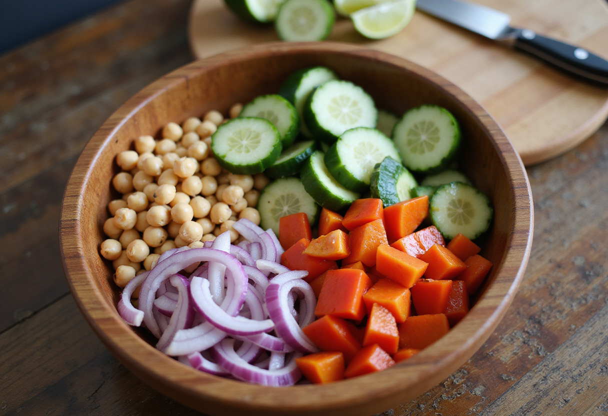 fresh chopped vegetables for Chicken & Chickpea Salad, including cucumbers, bell peppers, and onions with cooked chickpeas.