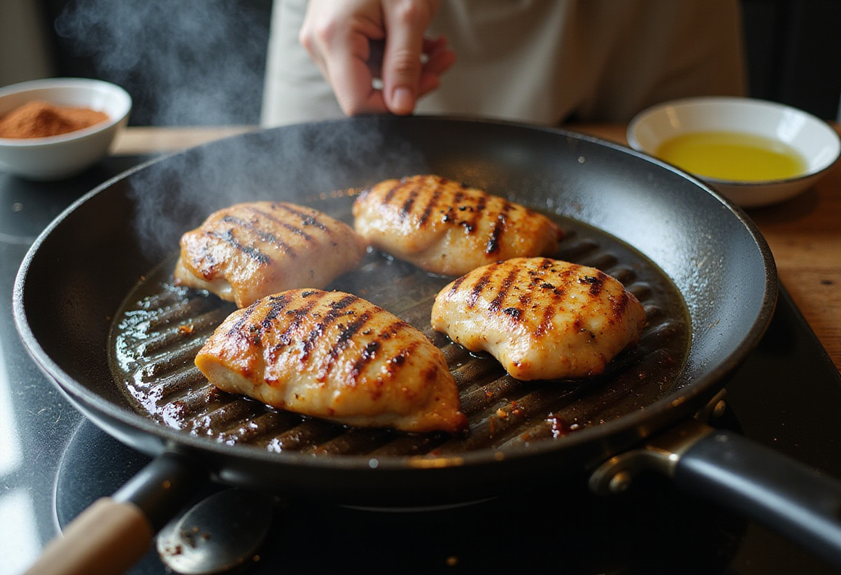 grilling marinated chicken for Chicken & Chickpea Salad on a stovetop grill with steam and grill marks.