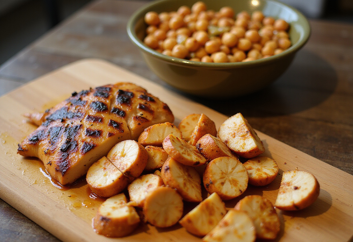 sliced grilled chicken for Chicken & Chickpea Salad on a wooden cutting board, ready to mix with vegetables and chickpeas.