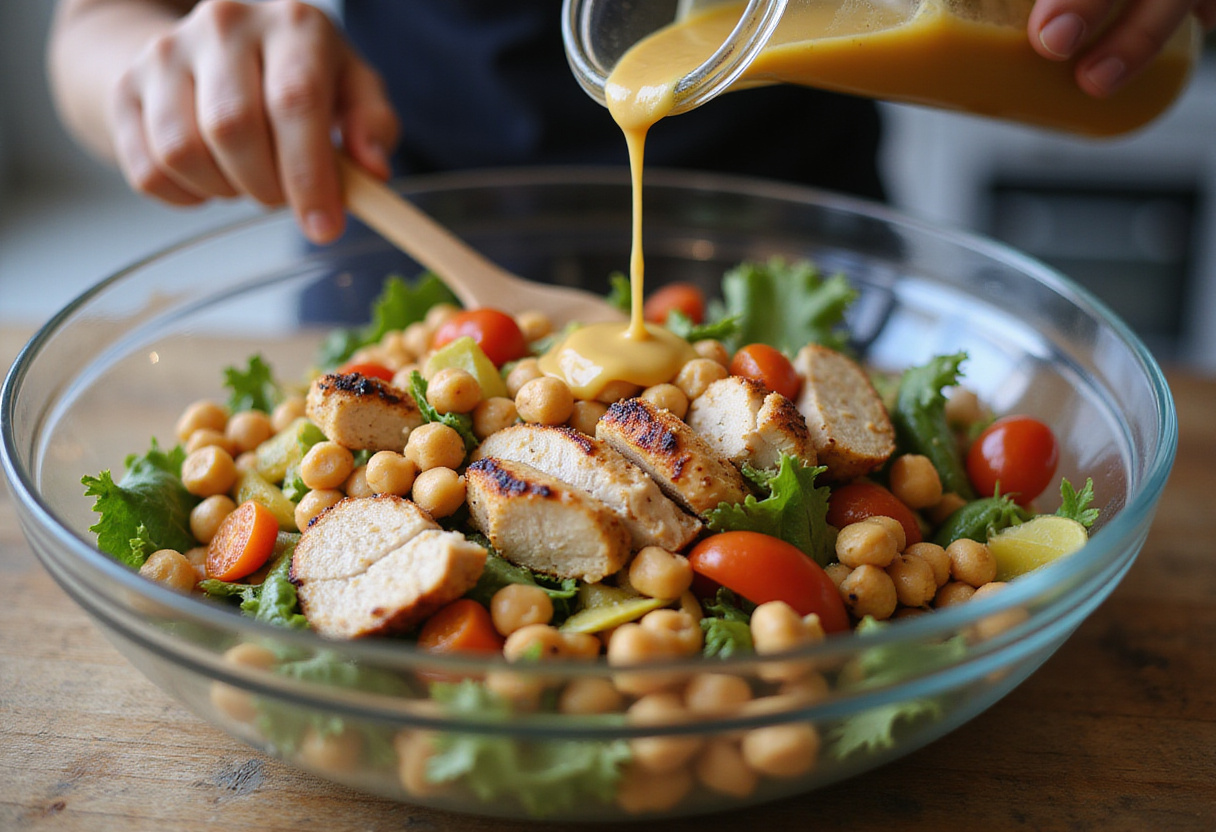 mixing Chicken & Chickpea Salad ingredients with dressing in a large glass bowl, showcasing colorful vegetables and grilled chicken.