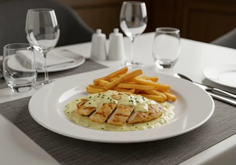 Final presentation of chicken fillet in spicy, creamy garlic-Parmesan sauce, served beautifully with fries, ideal for food lovers seeking rich flavors.