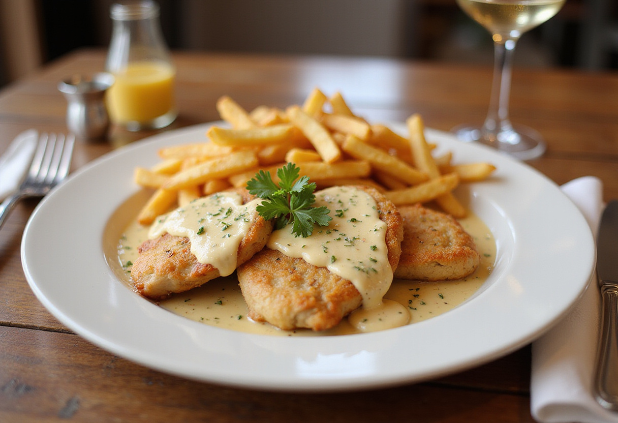 Final presentation of chicken fillet in spicy, creamy garlic-Parmesan sauce, served beautifully with fries, ideal for food lovers seeking rich flavors.