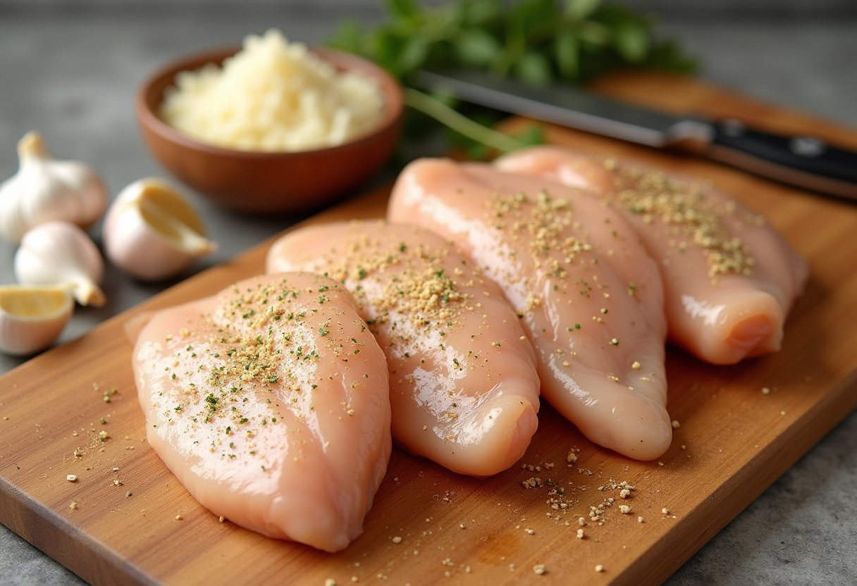 Seasoned chicken fillets ready to be cooked in a spicy, creamy garlic-Parmesan sauce, highlighting fresh ingredients like garlic and Parmesan for a delicious meal.