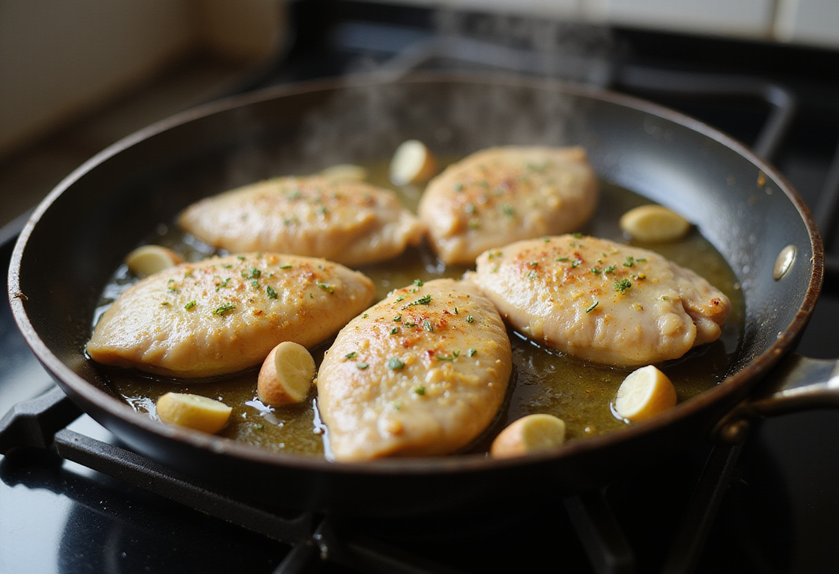 Cooking chicken fillets in a skillet with garlic, preparing a spicy creamy garlic-Parmesan sauce that enhances the flavors.