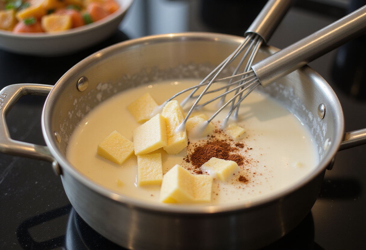 Creating a creamy garlic-Parmesan sauce over heat, emphasizing the rich ingredients merging into a flavorful sauce for chicken.