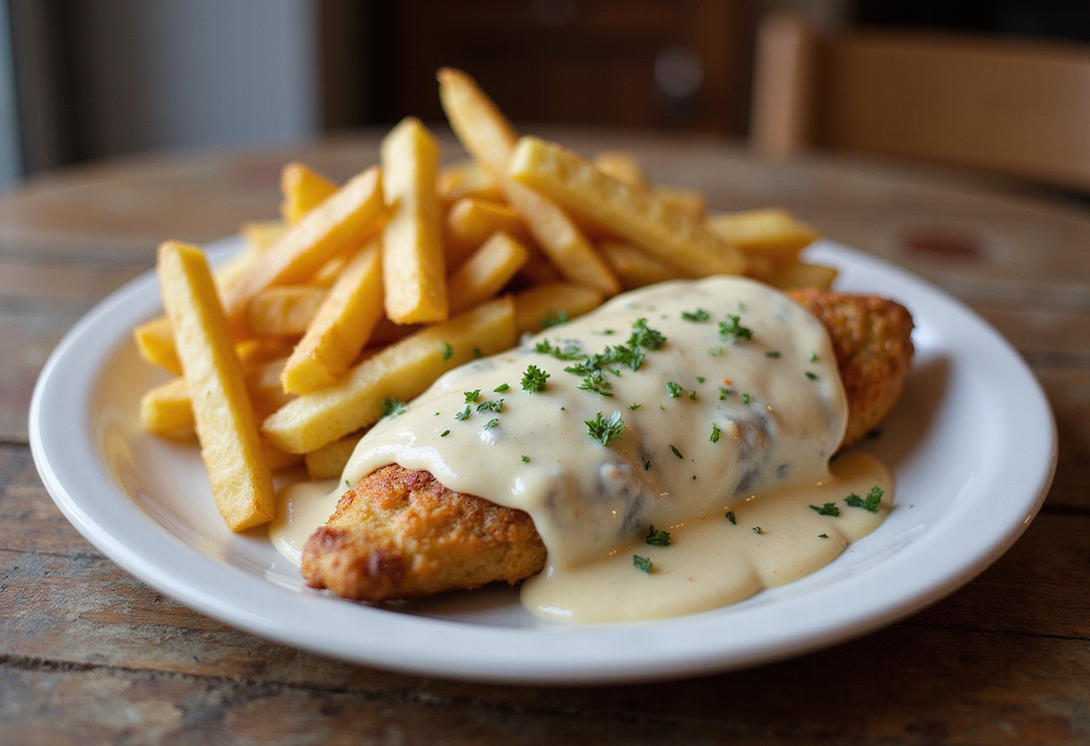 A delicious serving of chicken fillets in spicy, creamy garlic-Parmesan sauce with crispy fries, perfect for a satisfying meal.