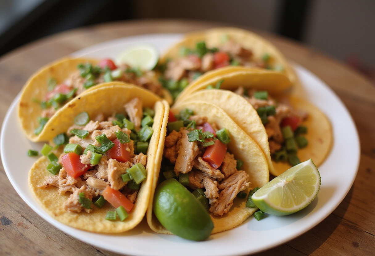 Delicious Chicken Street Tacos ready to serve, topped with fresh ingredients, capturing the essence of street food flavors.