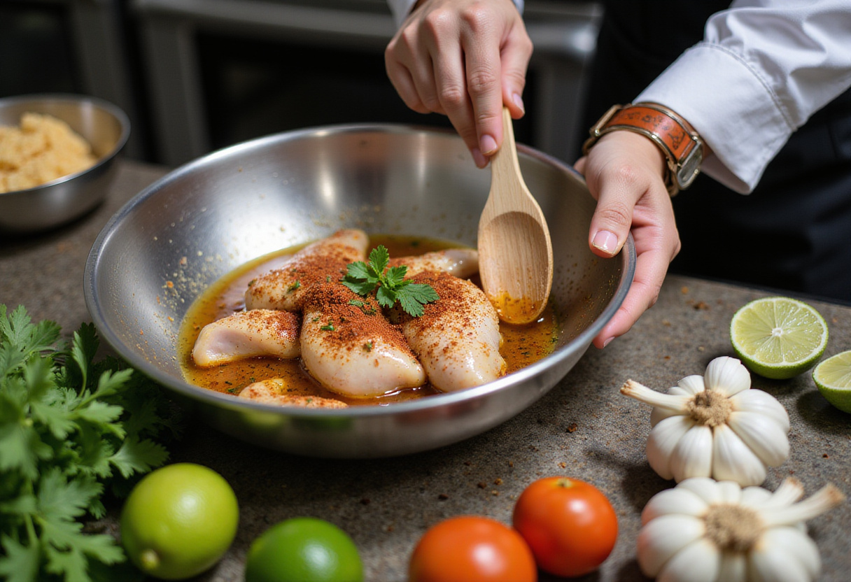 Marinating chicken for Chicken Street Tacos with spices and lime juice, ideal for street taco preparation.