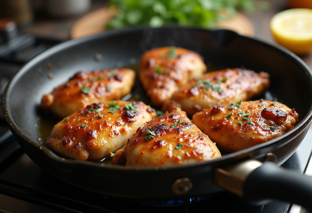 Cooking marinated chicken on a skillet for Chicken Street Tacos, showcasing the cooking process and flavorful aromas.