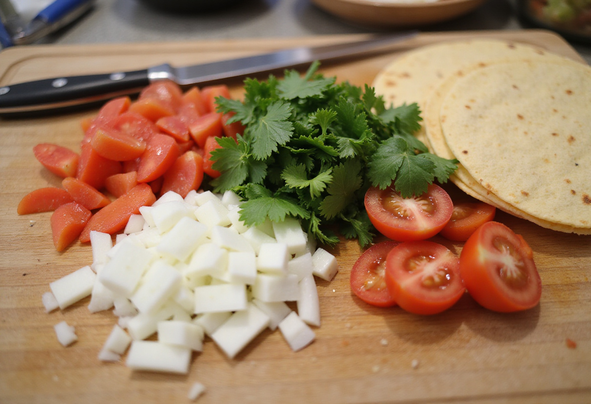 Preparing fresh toppings for Chicken Street Tacos on a cutting board, highlighting vibrant vegetables ready for assembly.