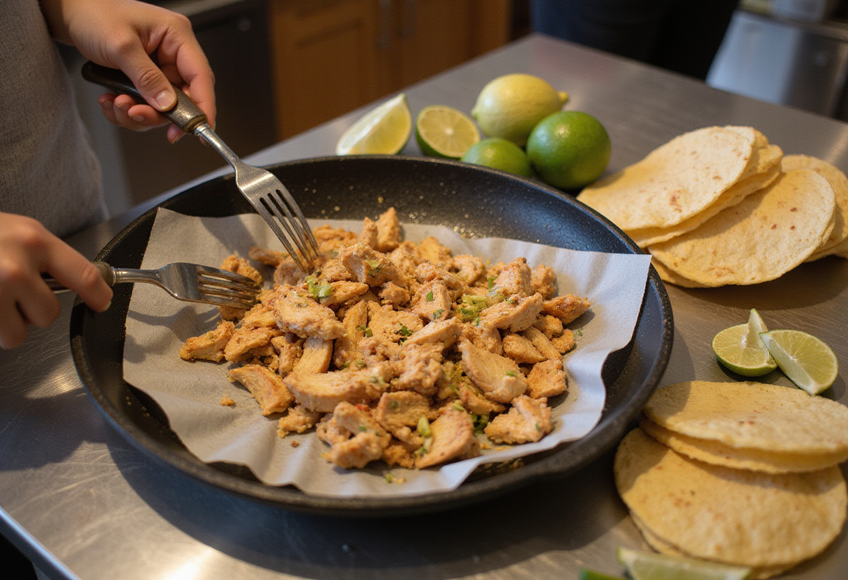 Shredding chicken for Chicken Street Tacos, set up with lime wedges and soft tortillas, creating a perfect taco filling.