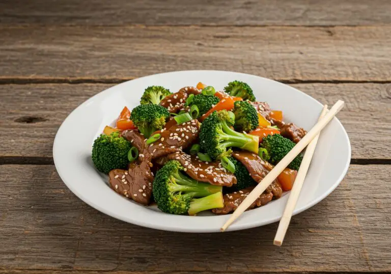 Finished Chinese Beef and Broccoli dish beautifully presented on a rustic table, showcasing a delicious stir-fry meal with vibrant colors, ready to eat.