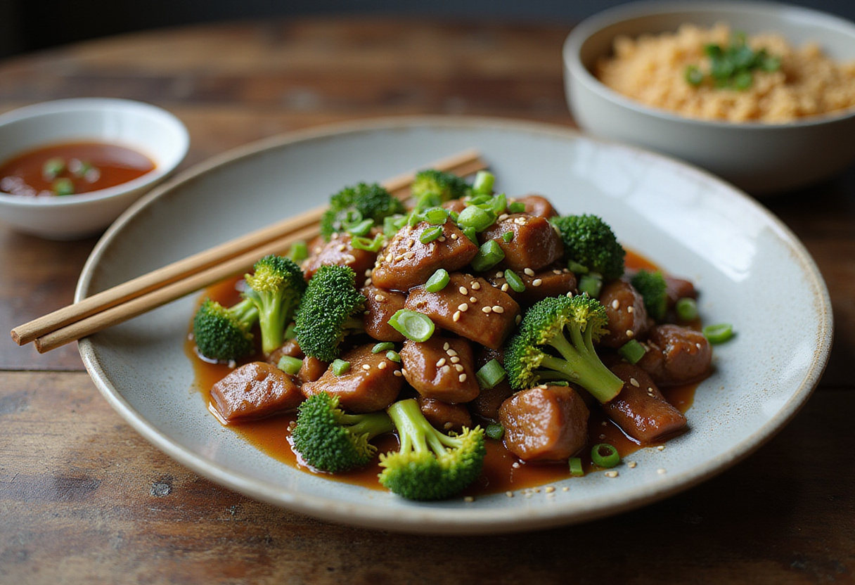 Finished Chinese Beef and Broccoli dish beautifully presented on a rustic table, showcasing a delicious stir-fry meal with vibrant colors, ready to eat.