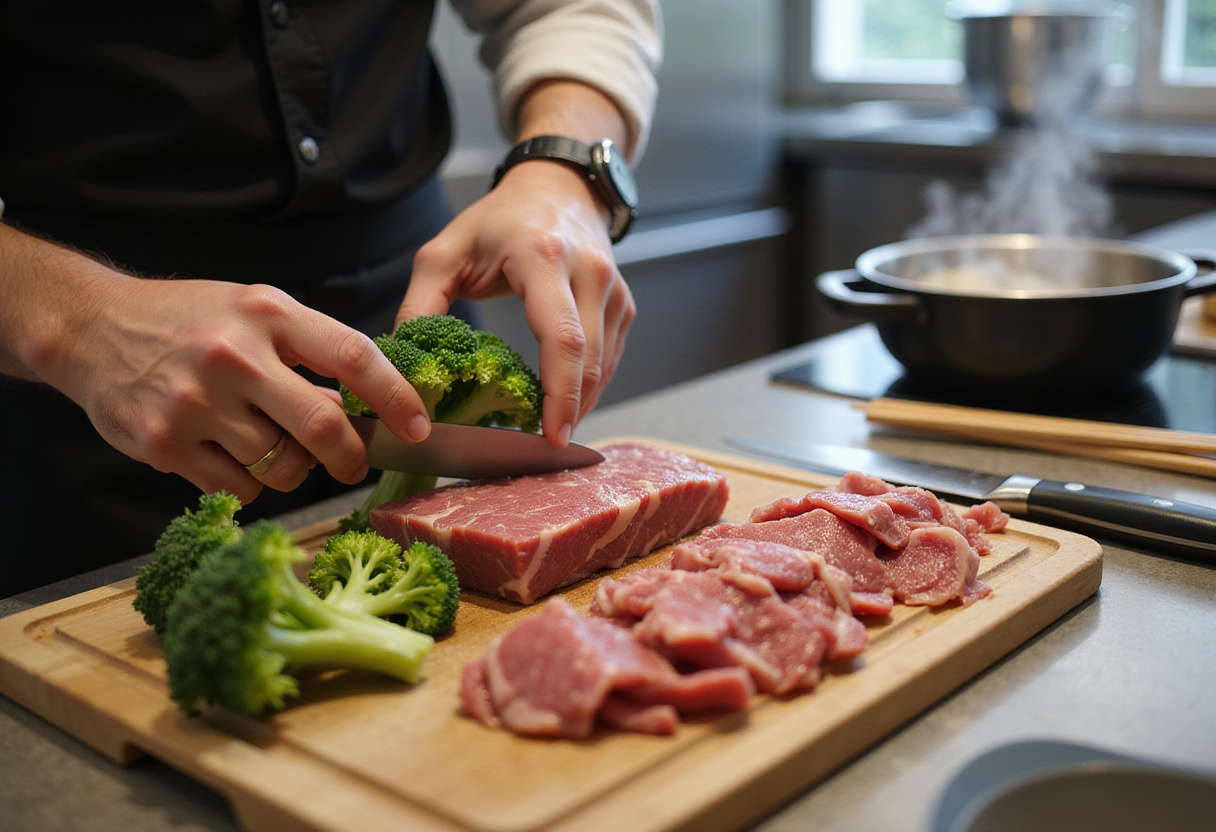 Fresh broccoli and sliced beef preparation for Chinese Beef and Broccoli, healthy cooking ingredients on wooden cutting board.