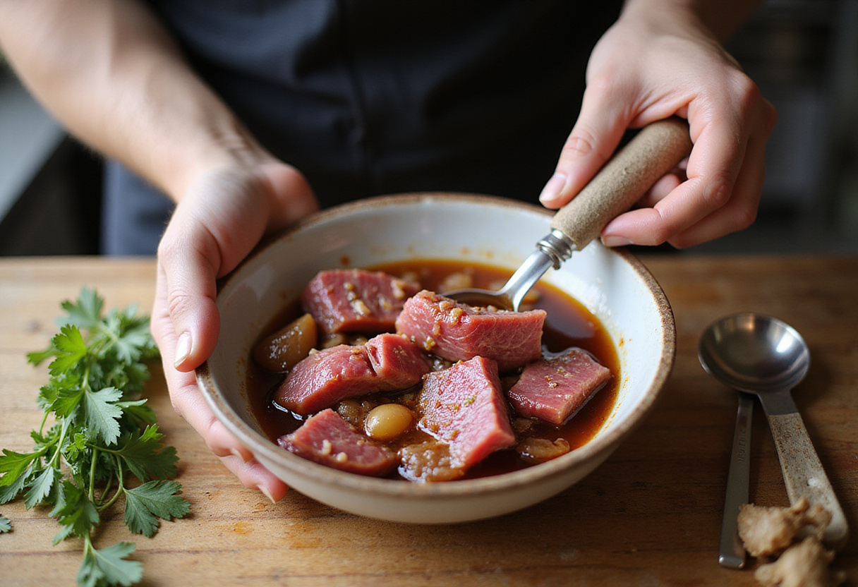 Marinating beef for Chinese Beef and Broccoli with soy sauce, garlic, and ginger in a cozy kitchen setting, flavorful seasoning.