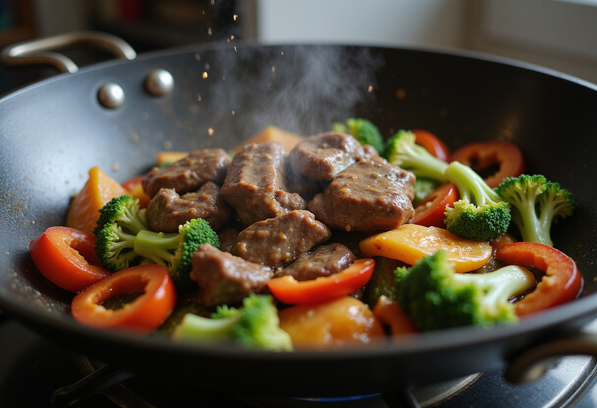 Cooking marinated beef and vegetables in a hot wok for Chinese Beef and Broccoli, the sizzling sound creating a vibrant kitchen atmosphere.