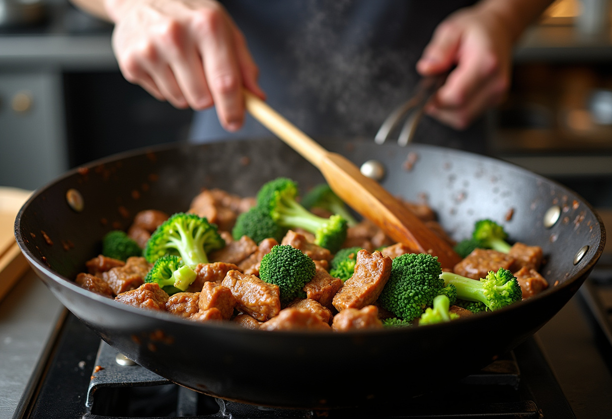 Stir-frying beef and broccoli in a wok for Chinese Beef and Broccoli, an aromatic and appetizing cooking moment in a dynamic kitchen.