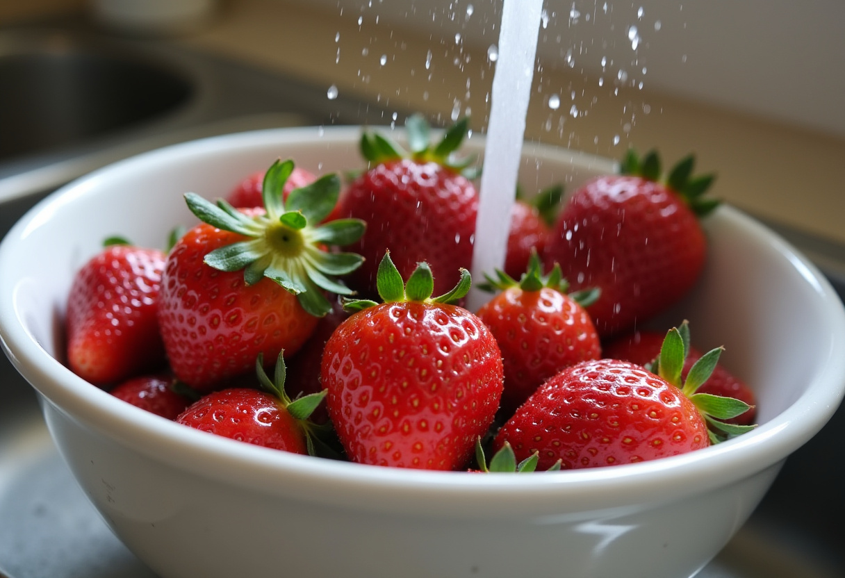 Fresh strawberries being washed for chocolate strawberry yogurt clusters recipe, emphasizing freshness and quality ingredients.