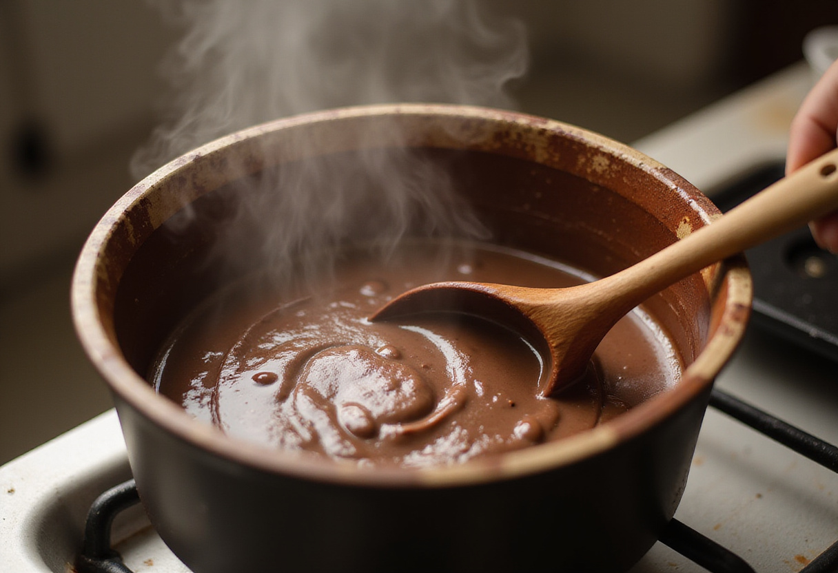 Melted chocolate being prepared for chocolate strawberry yogurt clusters, highlighting the smooth texture and preparation process.