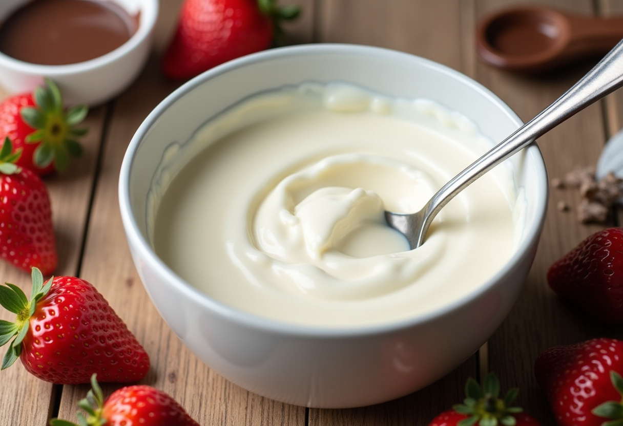 Yogurt being prepared for chocolate strawberry yogurt clusters recipe, showcasing the key ingredients in a home kitchen setting.