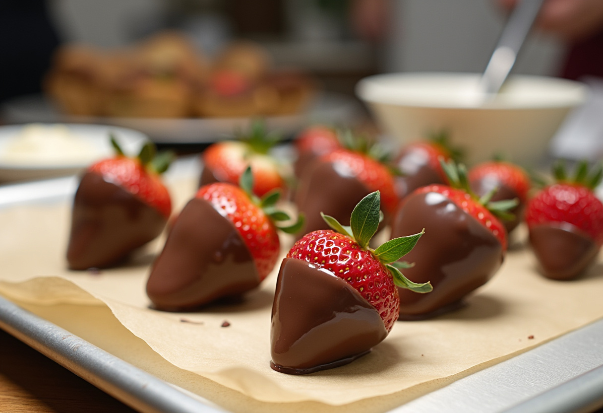 Dip-strawberry clusters being prepared for chilling in chocolate yogurt coating, emphasizing the combination of flavors.