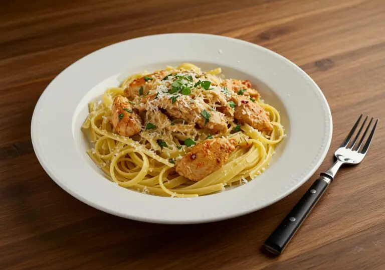 A perfect serving of Cowboy Butter Chicken Linguine showcased on a rustic table, ideal for dinner.