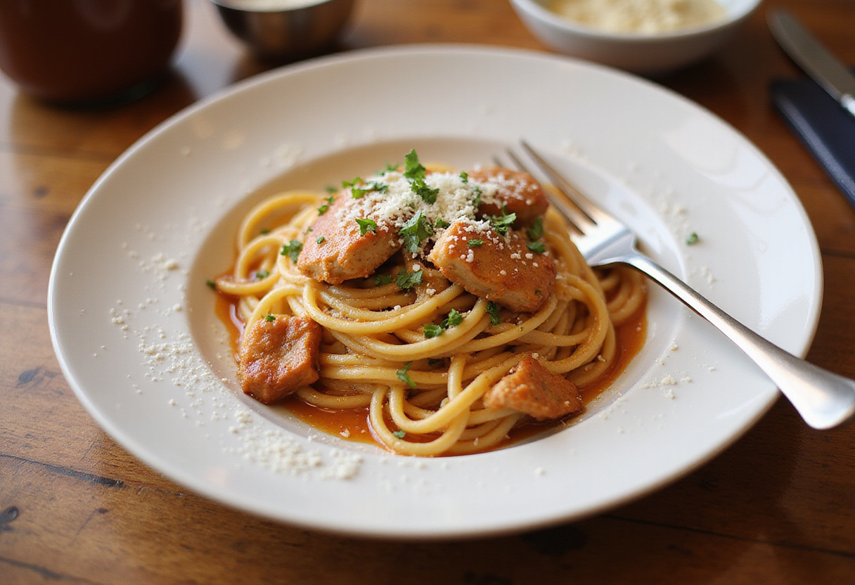A perfect serving of Cowboy Butter Chicken Linguine showcased on a rustic table, ideal for dinner.