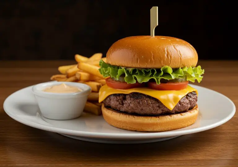 Delicious Crack Burger served with fries and dipping sauce on a wooden table, showcasing its mouth-watering ingredients.